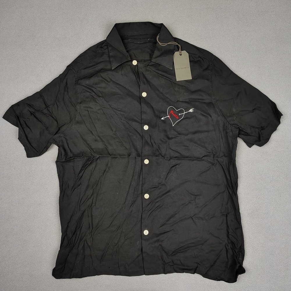 ALL SAINTS Button Up Camp Shirt Men Medium Black Embroidered Vendetta Loop Colla - Picture 2 of 8